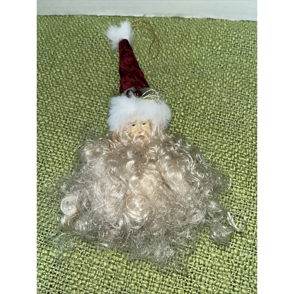 Vintage Santa Claus Head tOrnament Father Christmas , Velvet Hat , Curly Beard